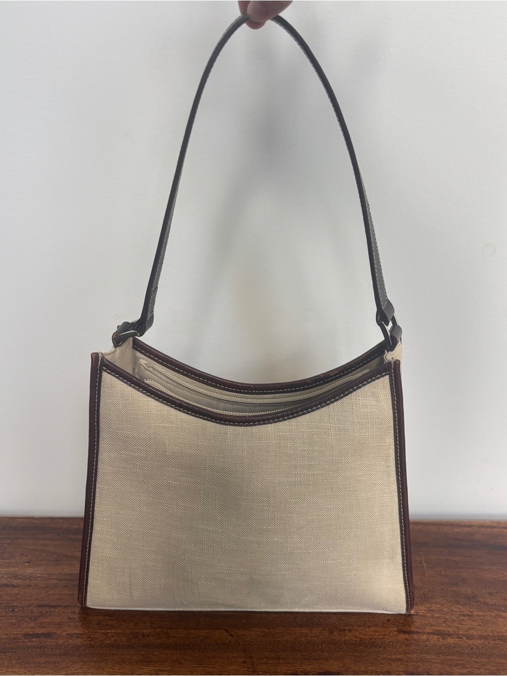Vintage 90s Lauren Ralph Lauren Linen Leather Purse, Cream Brown Classic Chic